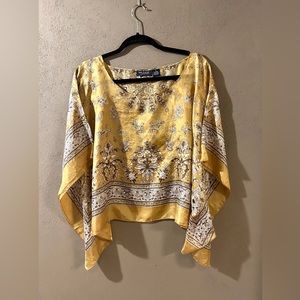 100% silk poncho top, size S, gold yellow color with pattern, butterfly sleeves